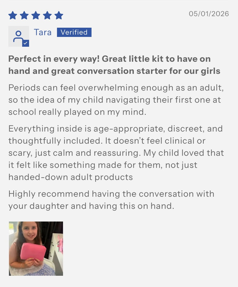 Product review with a 5 star rating, user name, and text about a product for girls' periods.