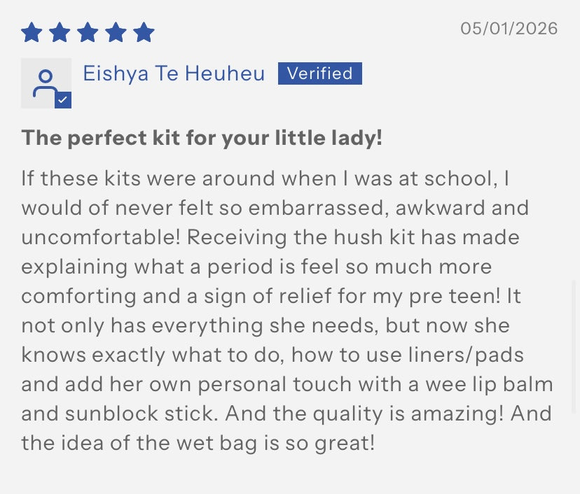 Verified 5 star review of a period kit for a young girl, praising its comfort and quality.