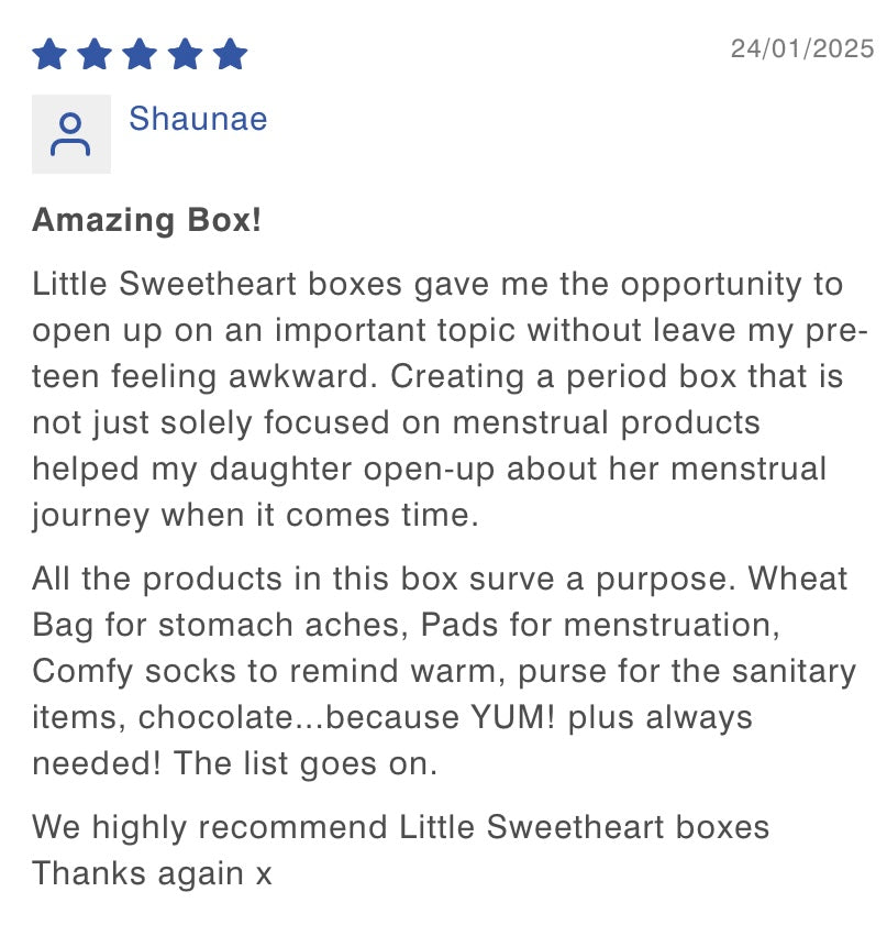 Testimonial from one of our customers saying how the gift box gave her the opportunity to discuss periods without it being awkward.