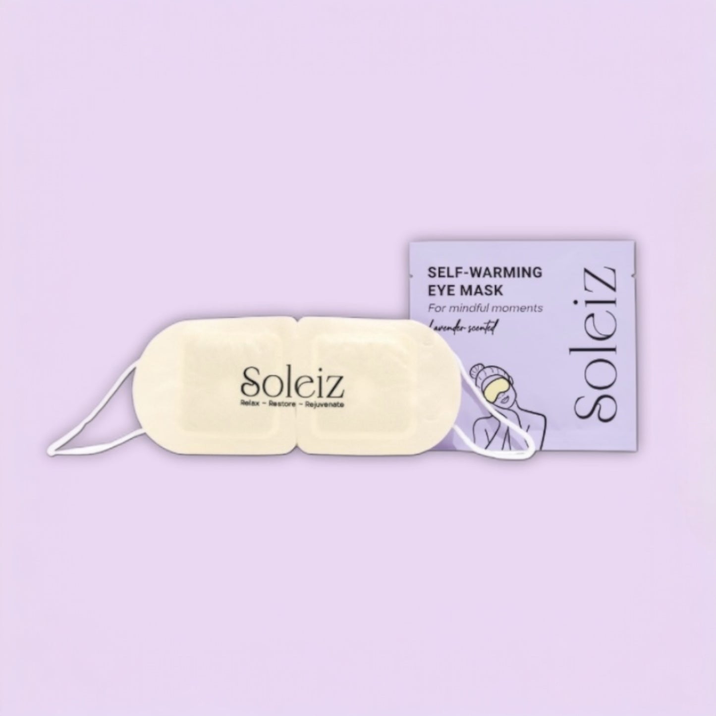 Soleiz self-warming eye mask on a light purple background