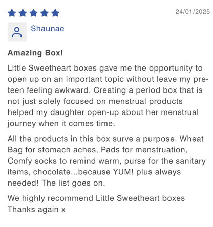 Testimonial from one of our customers talking about how our gift box helped create an opportunity to disucss periods without it feeling awkward.
