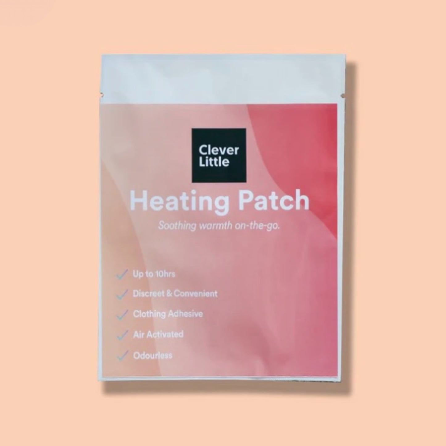 Clever Little heating patch packaging on a peach background