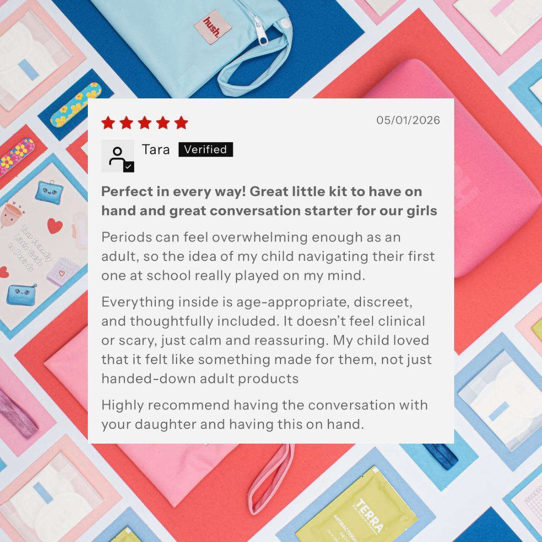 A screenshot of a 5 star customer review with hush products in the background