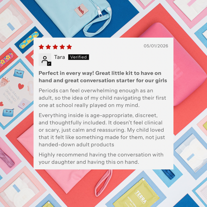 A screenshot of a 5 star customer review with hush products in the background