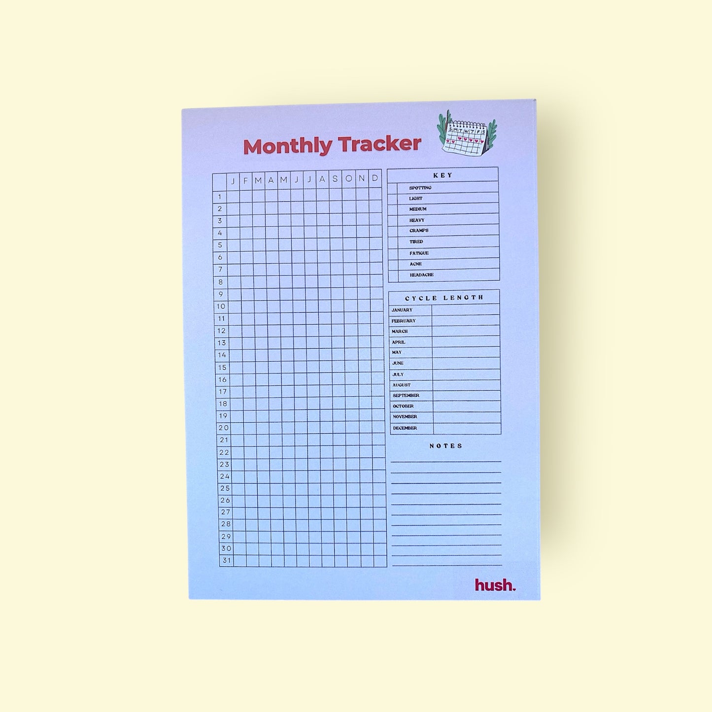Monthly tracker sheet with grid and text on a light yellow background