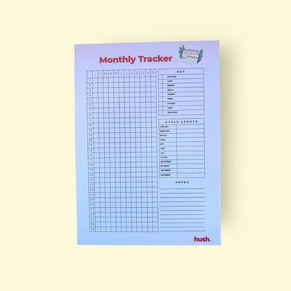 Monthly tracker sheet with grid and text on a light yellow background