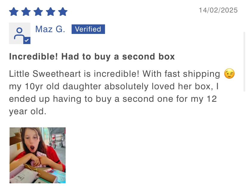 Testimonial from one of our customers saying how much her 10 year old loved her gift box.