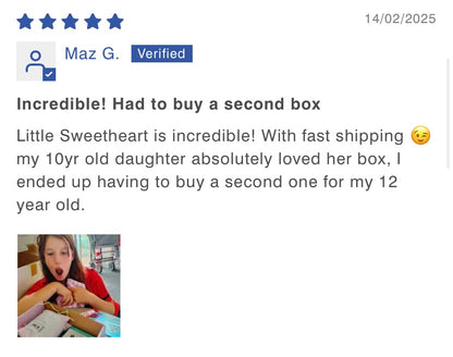 Testimonial from one of our customers saying how much her 10 year old loved her gift box.