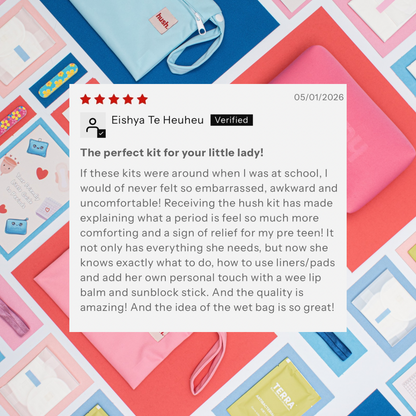 A screenshot of a 5 star customer review with hush products in the background