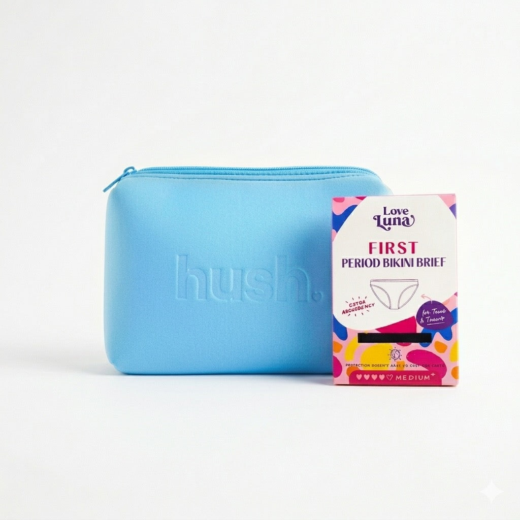 Blue first period kit with Love Luna period underwear