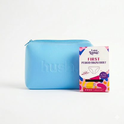 Blue first period kit with Love Luna period underwear