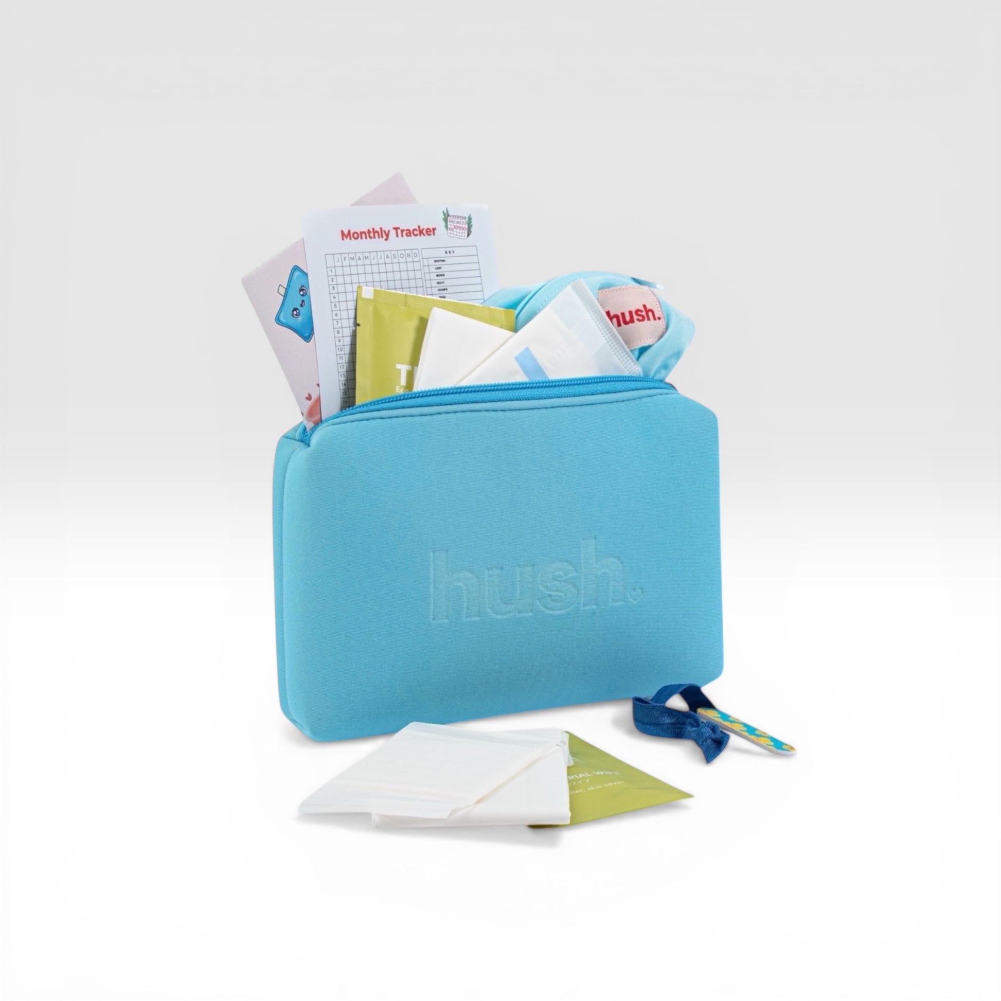 First period kit including pads, wipes, wet bag and monthly tracker