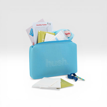 First period kit including pads, wipes, wet bag and monthly tracker