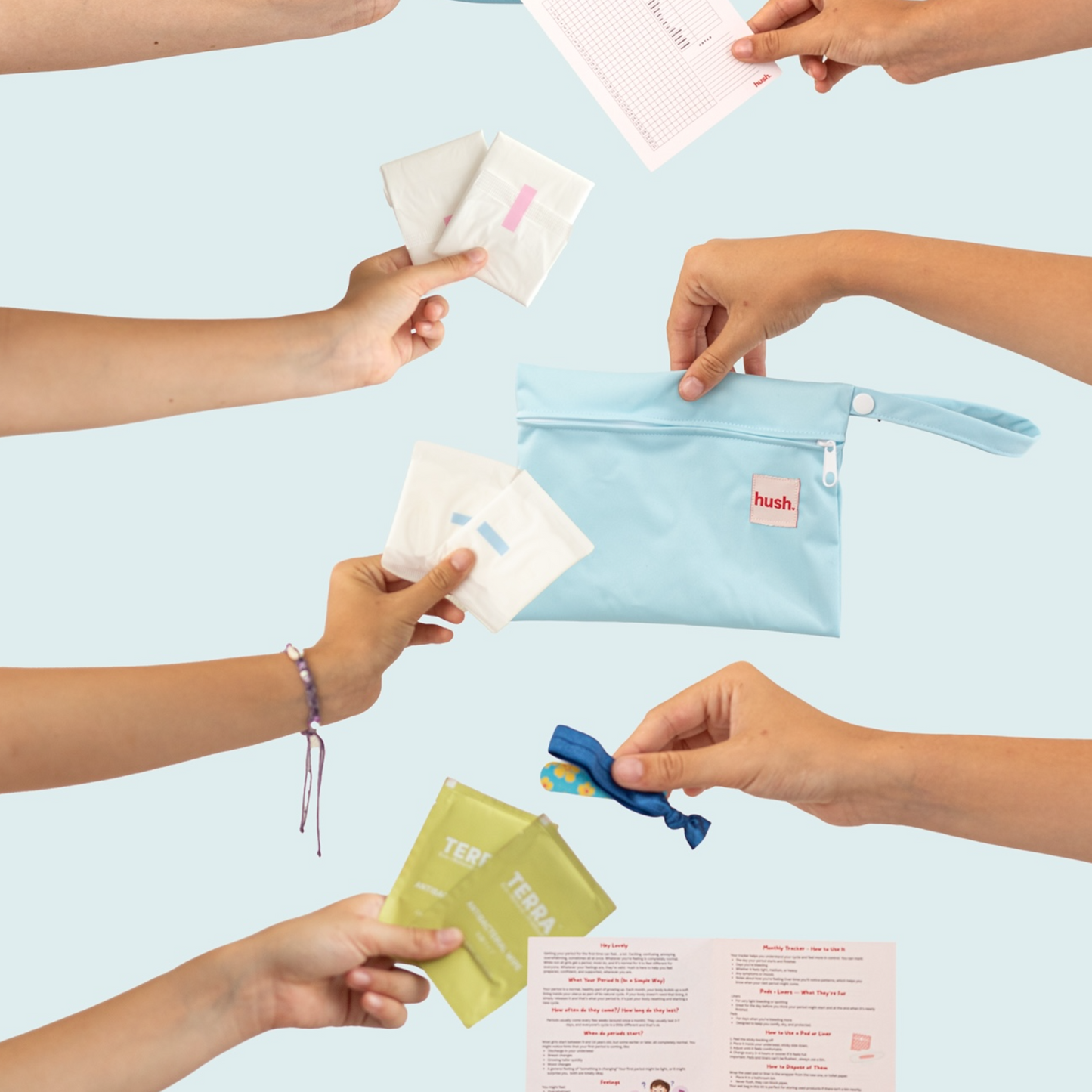 First period kit for NZ girls, including pads, liners, antibacterial wipes and wet bag.