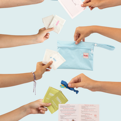 First period kit for NZ girls, including pads, liners, antibacterial wipes and wet bag.