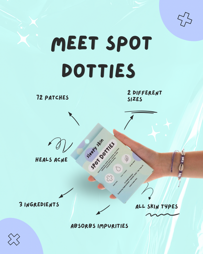 Promotional graphic for Spot Dotties with text on a light blue background