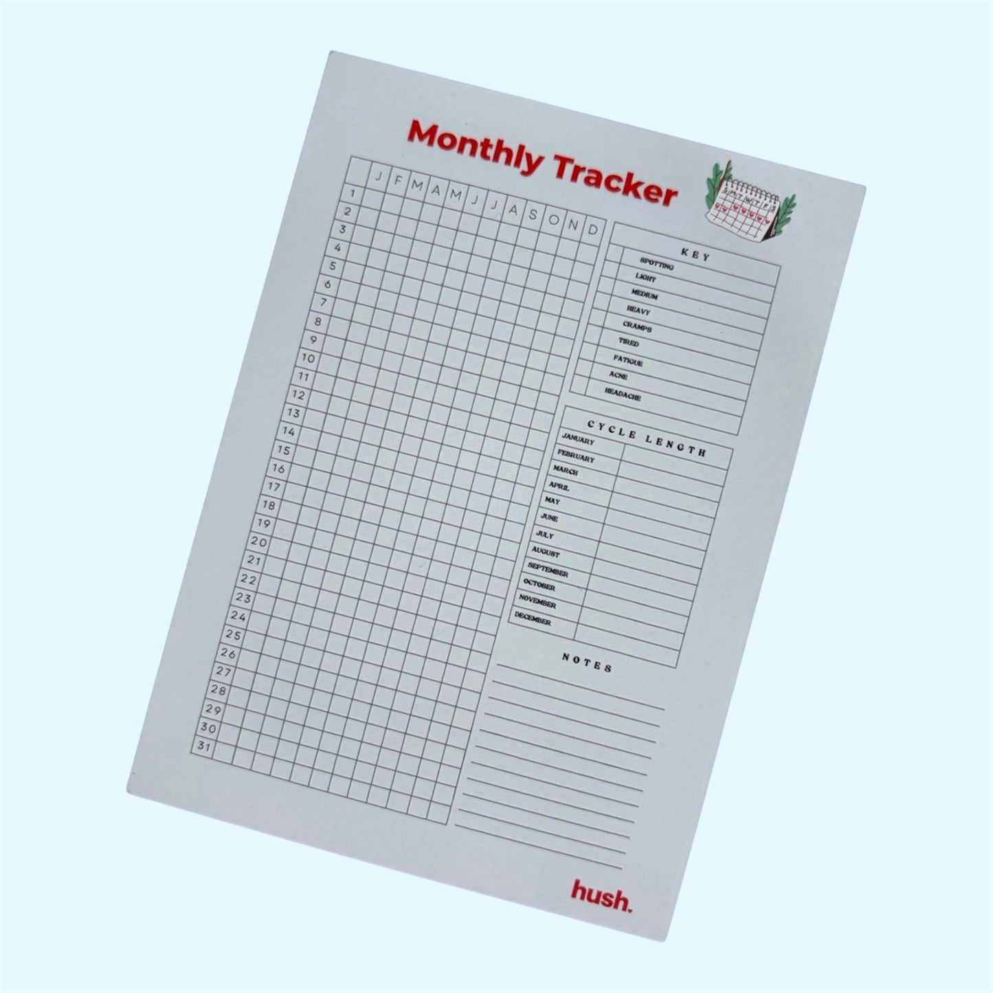 A Monthly Tracker notepad by hush. on a light blue background.