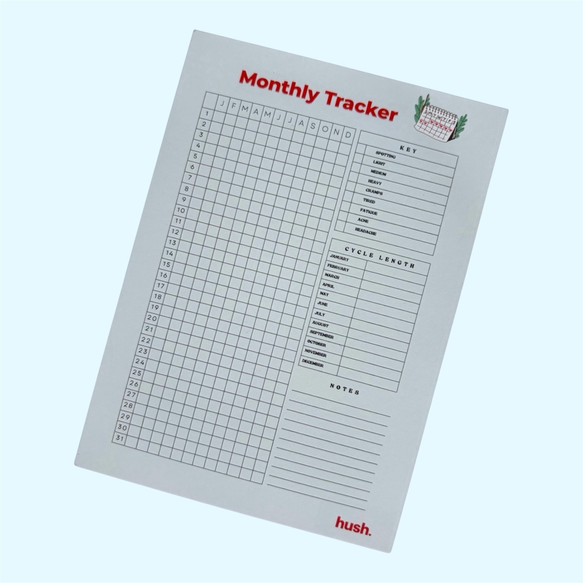 A Monthly Tracker notepad by hush. on a light blue background.