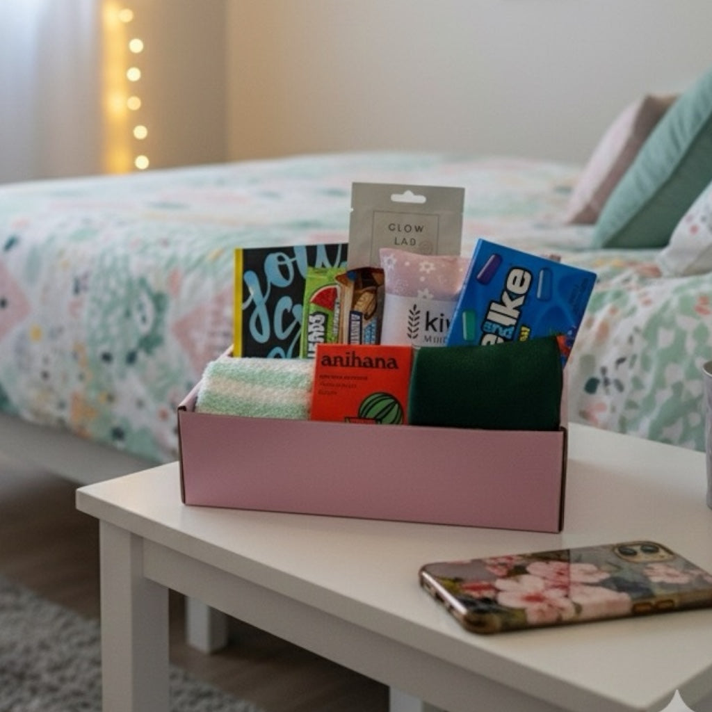 Beautiful gift box displaying items. Kiwi wheat bag, Mike and Ike candy, fluffy socks, gratitude journal, face mask, anihana shower steamer, kit kat, airheads candy bar and eye mask.