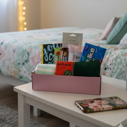 Beautiful gift box displaying items. Kiwi wheat bag, Mike and Ike candy, fluffy socks, gratitude journal, face mask, anihana shower steamer, kit kat, airheads candy bar and eye mask.
