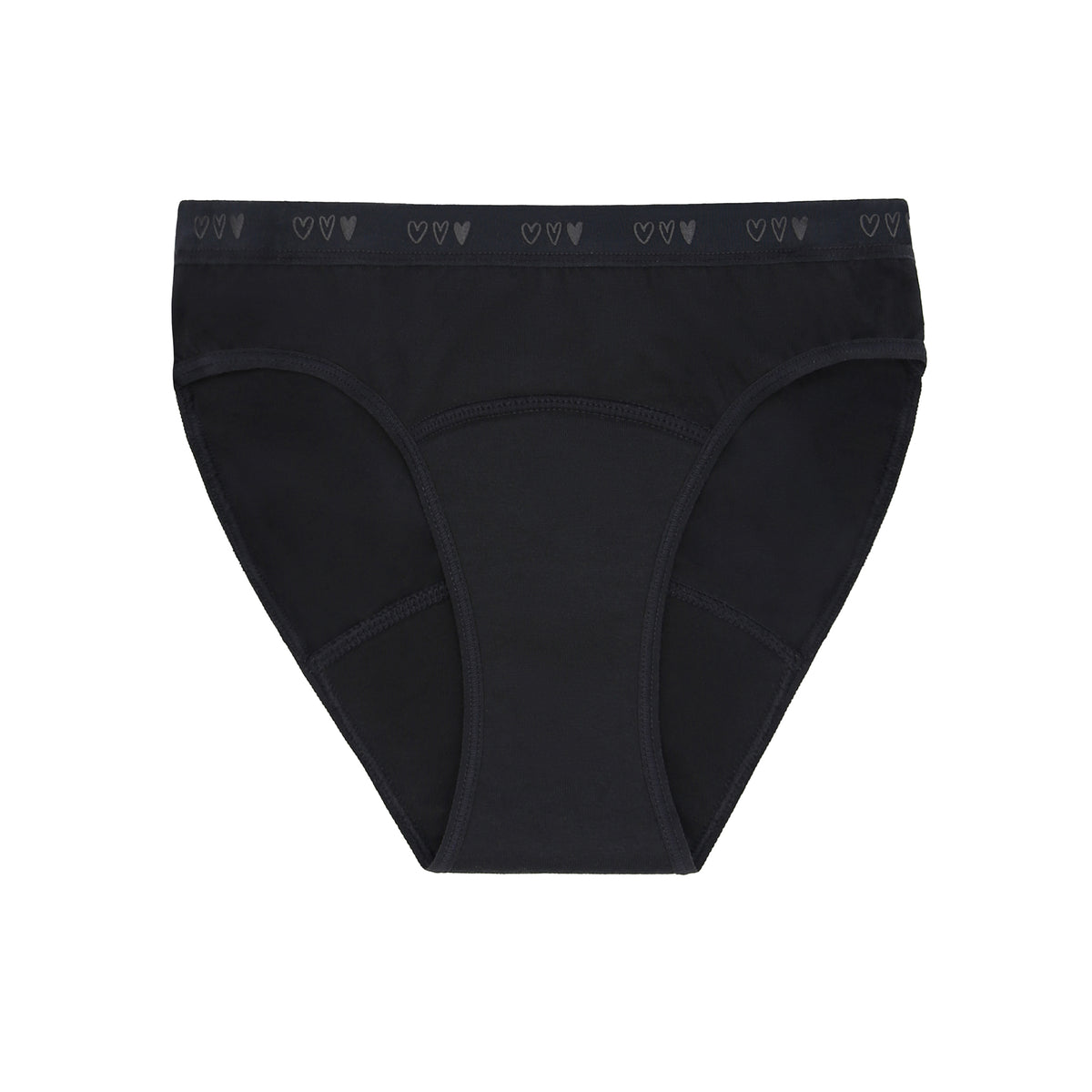 Love Luna Black period underwear with heart pattern on waistband on a white background