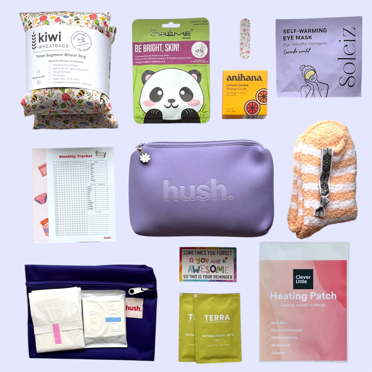 A flat lay collage of multiple period essentials and self care items on a light lavender background, including a purple Hush pouch, a kiwi wheat bag, a panda eye mask, an anihana shower steamer, a Soleliz eye mask, a monthly tracker sheet, fluffy socks, a wet bag with pads,  antibacterial wipes and a pink and a heating patch.