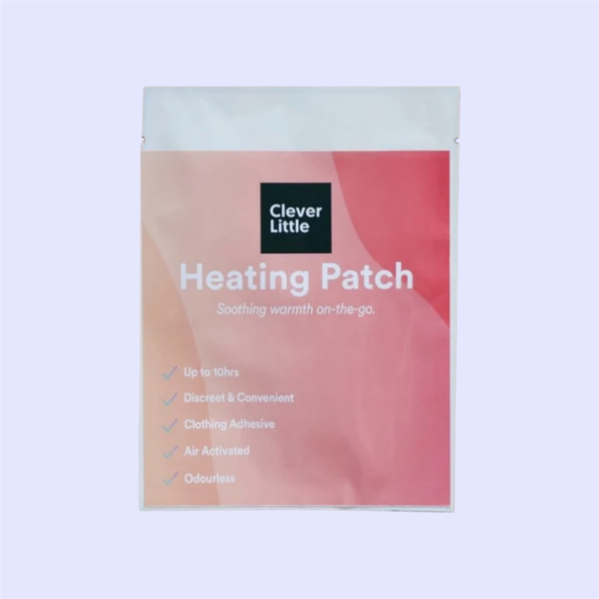 A package of Clever Little Heating Patch, featuring a soft pink and coral gradient design with white text, set against a light lavender background.