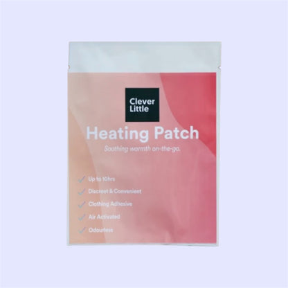 A package of Clever Little Heating Patch, featuring a soft pink and coral gradient design with white text, set against a light lavender background.