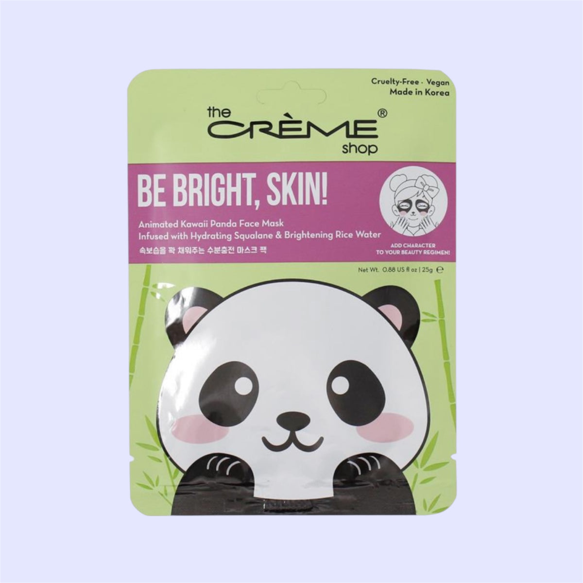 The Crème Shop Be Bright, Skin! Animated Korean Panda Face Mask in a stand-up pouch with a large cartoon panda face on a light green and pink background.