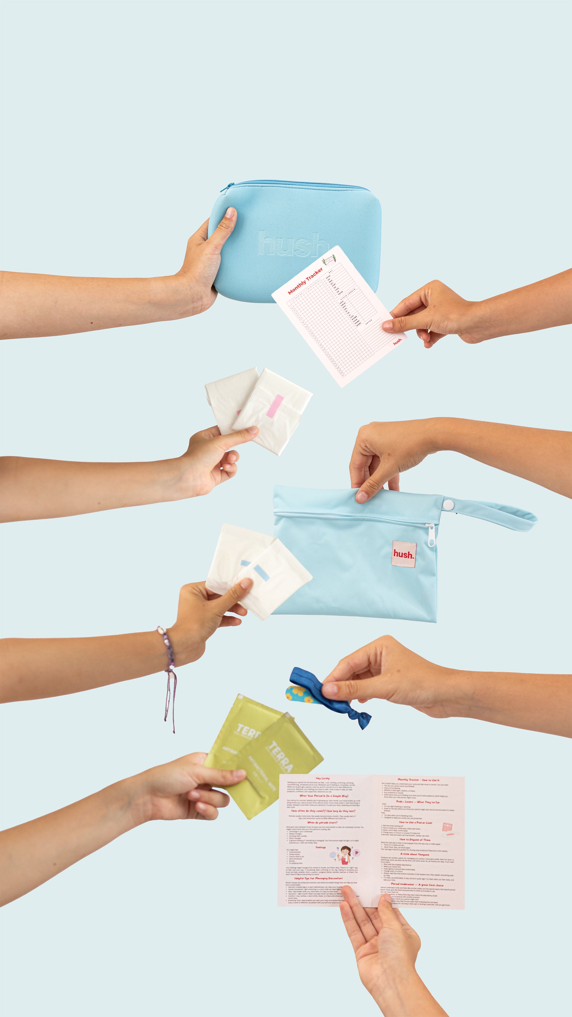 Hands holding various period essential items against a light blue background